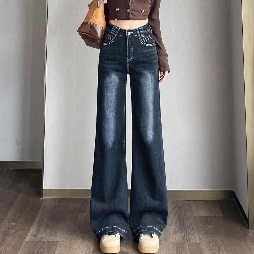 Vintage Blue-Gray Mid-Waist Distressed Flared Jeans for Women - Loose Fit, Perfect for Spring and Autumn