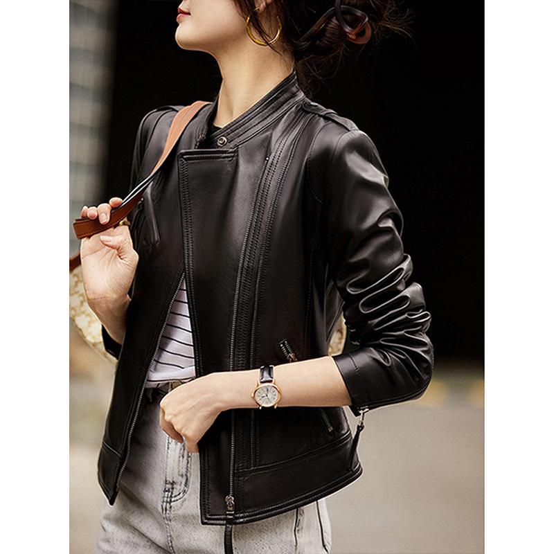 

[Purple Star] Women s 24-Year Winter Four-Season Korean Style Green Leather Stand Collar Sheepskin Biker Jacket XL