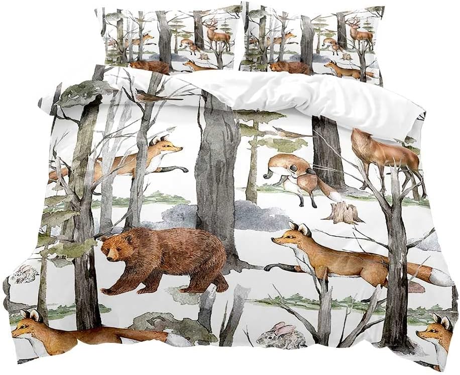 Cartoon Forest Animals Duvet Cover Queen King Size Double Bed Children Boy Bedding Bear Deer Fox Rabbit Country Cottage 3 Pcs