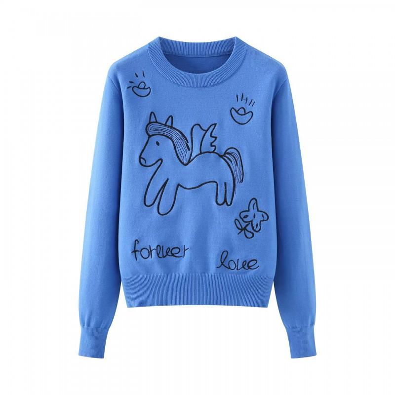 Womens 2026 Crew Neck Knit Top With Cute Pony Embroidery Versatile Casual Sweater