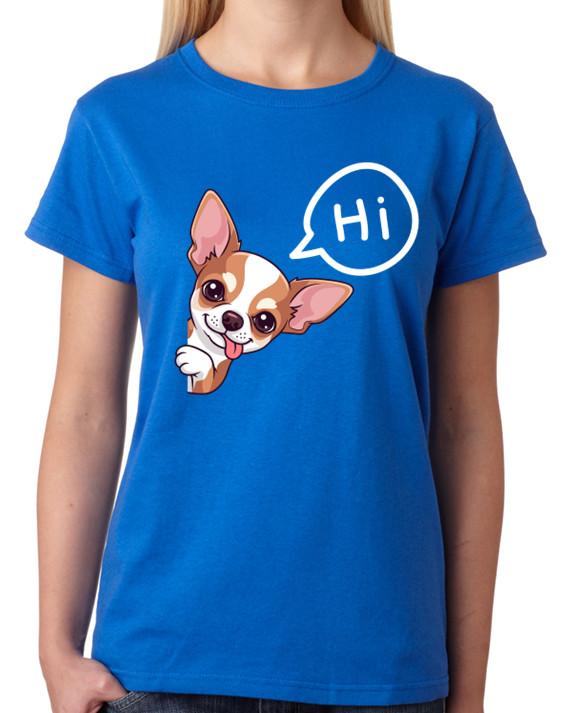 Cute Chihuahua Saying Hi Cartoon Ladies T-Shirt Peekabo Funny Dog Tee M