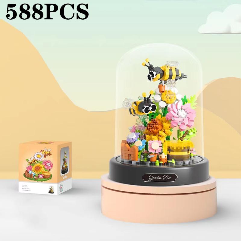 Bee Butterfly Flower Bonsai Building Blocks Insect Plant Potted Model Bricks with Dust Cover Children's DIY Toy Christmas Gift