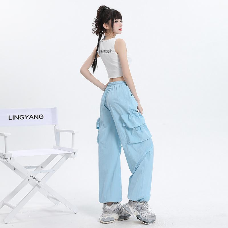TXJ American overalls women's summer thin dopamine blue loose lazy casual quick-drying sweatpants