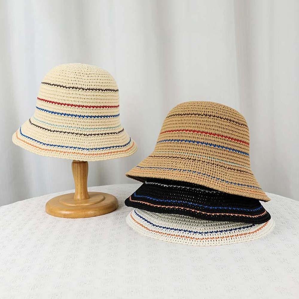 Hollow Out Knitted Bucket Hat Temperament Sun Protection Cap Colorful Striped Fisherman Hat Spring