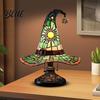 Ambient Bedside Light Stained Glass Style Witch Hat Lamp USB Powered Resin Wizard Night Soft Warm Lamp with Sun Star Gothic Halloween Table