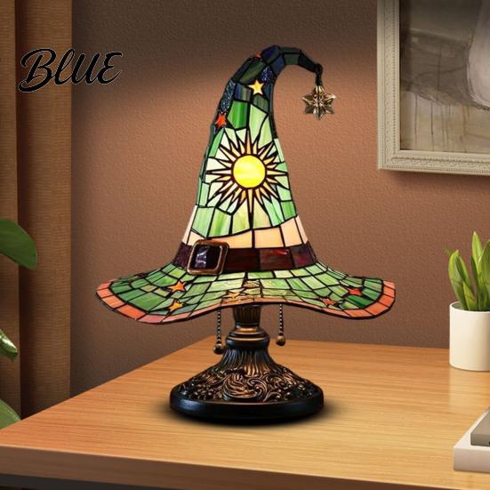 Ambient Bedside Light Stained Glass Style Witch Hat Lamp USB Powered Resin Wizard Night Soft Warm Lamp with Sun Star Gothic Halloween Table