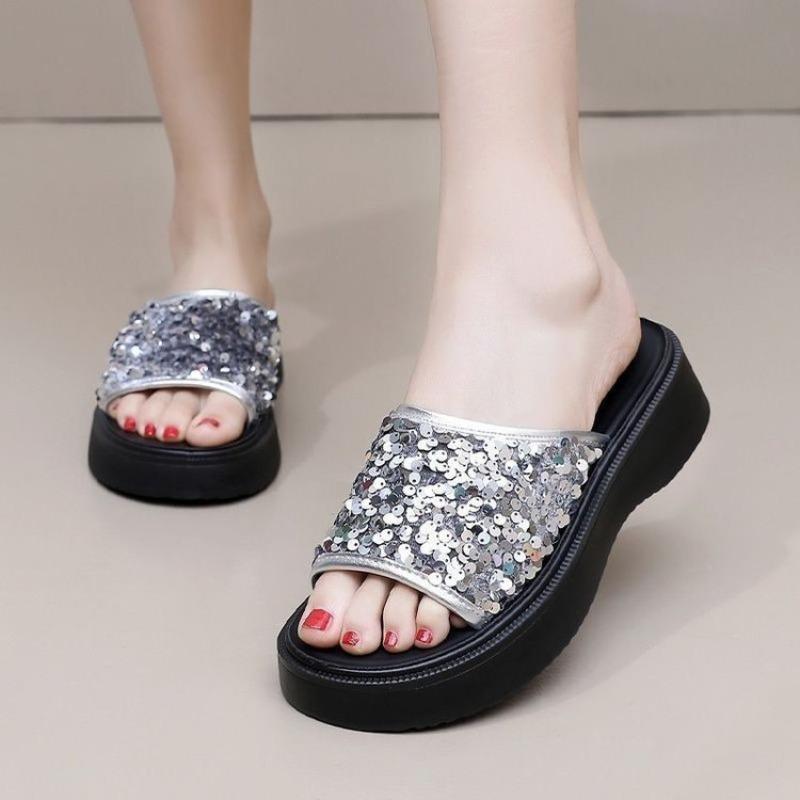 Fashion High Platform Flip-Flops Women's Summer Casual Slippers Crystal Wedge Slides Bling Chunky Sandals Open Toed Pull on Beach Shoes
