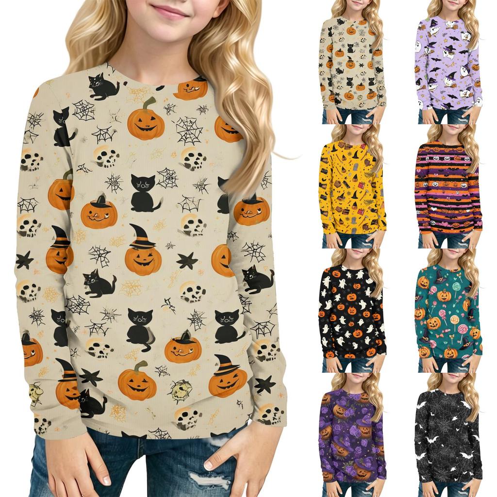 Kids' Long Sleeve Halloween Print T-Shirt with Round Neck for Everyday Wear