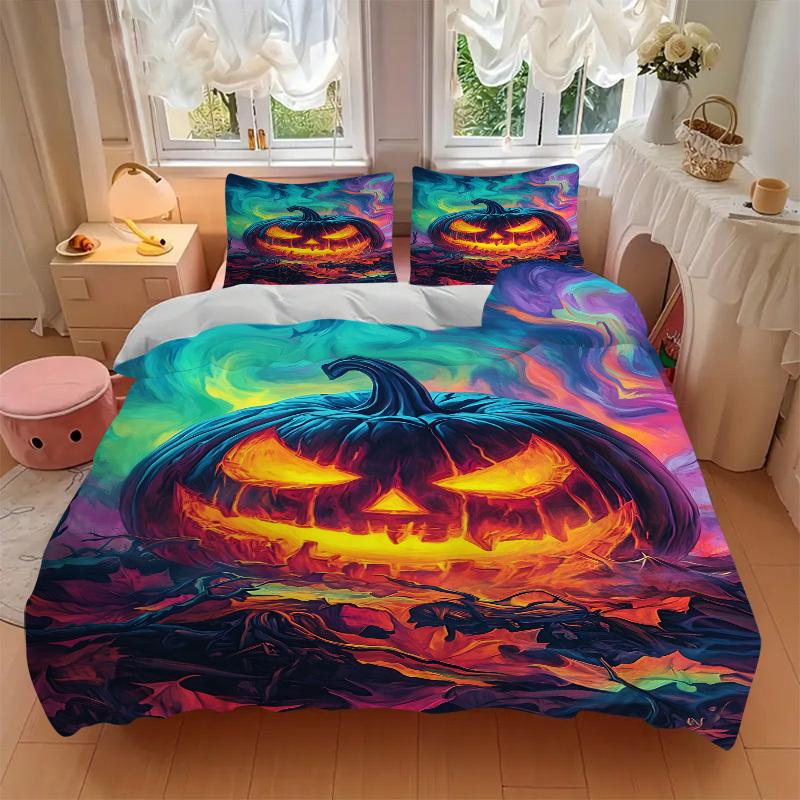 3pc Pumpkin Halloween Cover Set - 1 Quilt Cover + 2 Pillowcases, All Seasons Bedroom Setting, Perfect for Home074