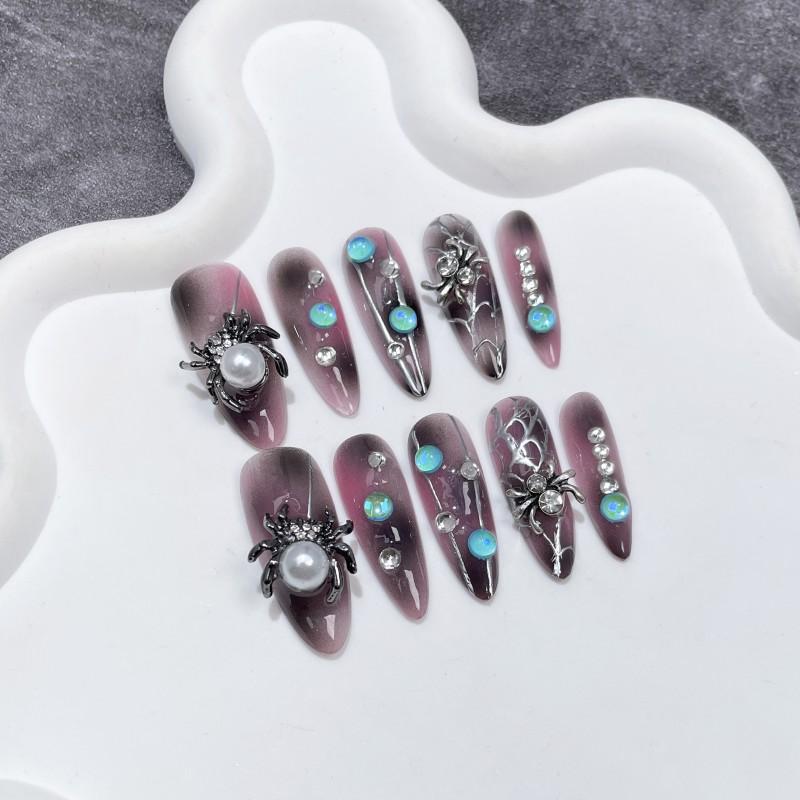 Handmade Press-On Nails With 3D Spider Design Gothic Style Medium-Long Length Halloween Party Women