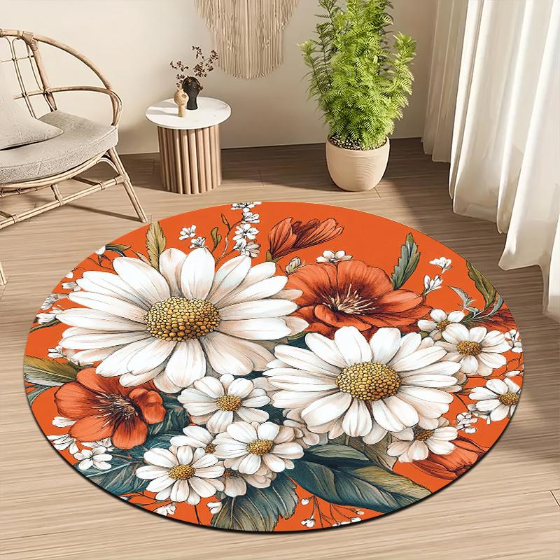 Daisy flower style Flannel-printed round floor mats are slip-resistant Suitable for living room bedroom terrace garden carpets