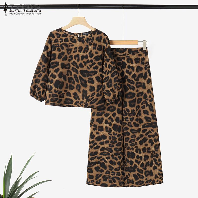 ZANZEA Bluză și pantaloni pentru femei, set de costum din două piese cu imprimeu leopard