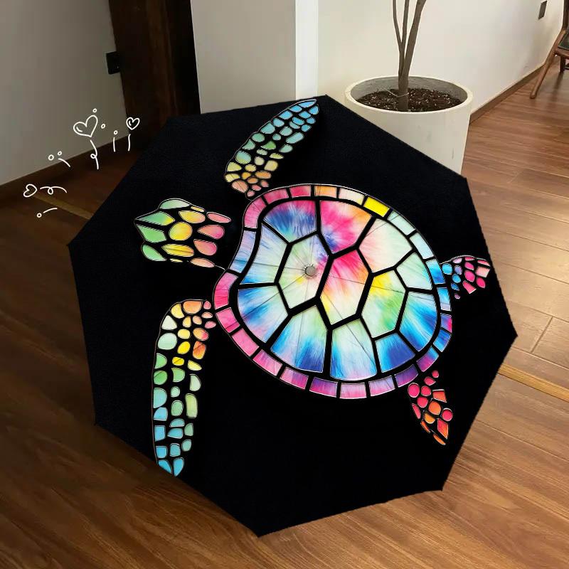 1pc Sea turtle Stained glass Automatic Folding Umbrella, Heavy Duty 8 Rib Iron Frame,  Suitable for Travel, Daily Use, Birthday, Decor Gift  70