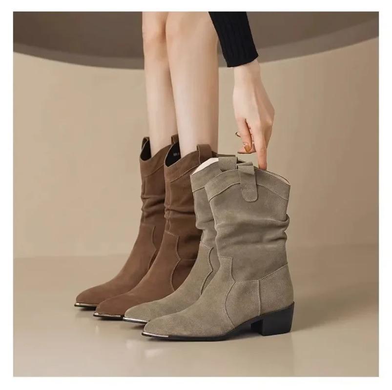 Fashion Western Style Women's Boots Metal Head Retro Chunky Heel Mid-Calf Short Boot Sharp Pointed Toe Folded Design New Hot Sale Of The
