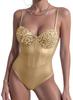 Maeau Damen Glänzendes Lingerie-Korsett-Leotard mit funkelnden Pailletten, High-Leg Bodysuit, Taillenformer, Shapewear, Gold, Größe XL