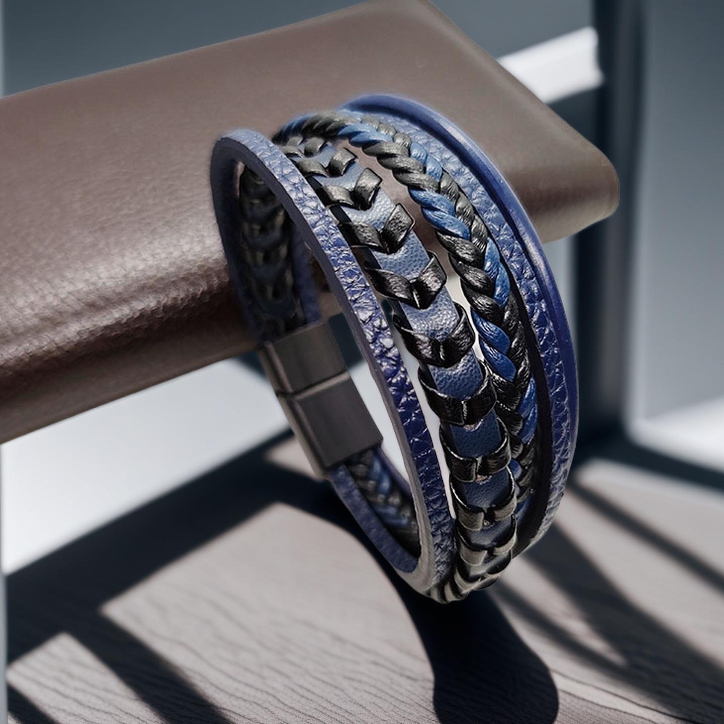 

Чоловічий вінтажний багатошаровий шкіряний браслет з магнітною застібкою 7.5 inch синій