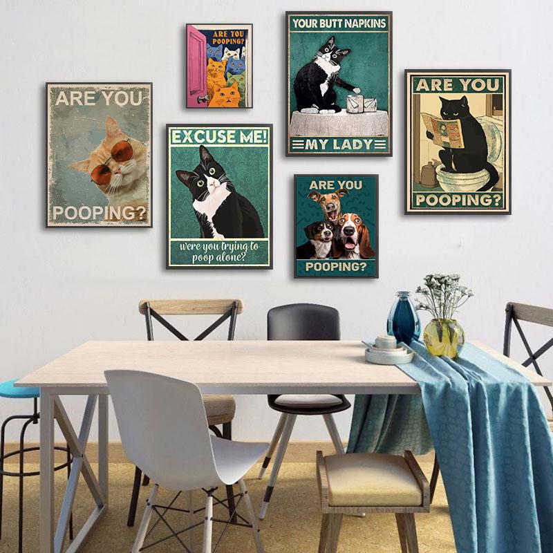 Are You Pooping Posters Bathroom Funny Bathroom Sign Canvas Painting Cute Black Cat Print Wall Art Picture Toilet Decoration