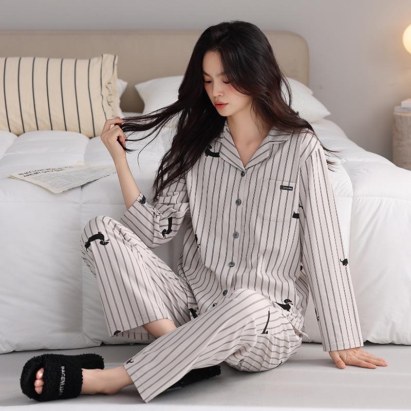 Women's Ribbed Cotton Couple Pajamas Set - Long Sleeve & Pants, Autumn Cartoon Striped Homewear, Wearable Outdoors