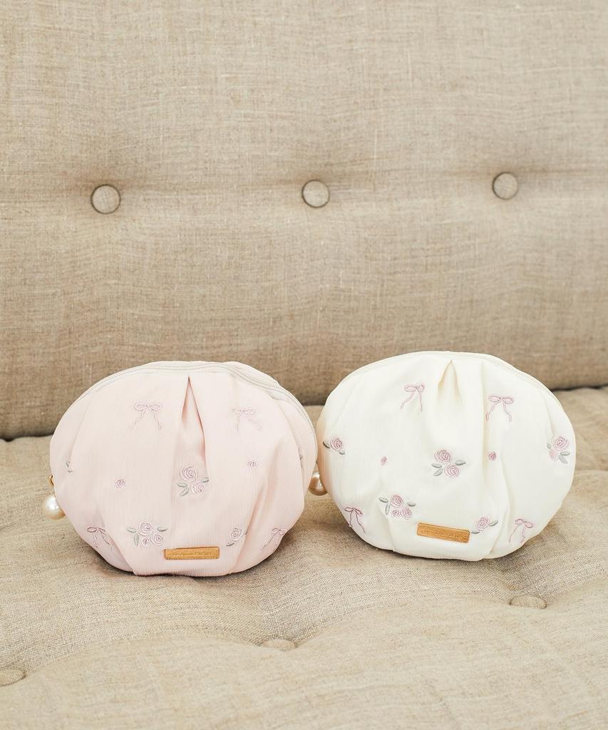 de Apparel Rose Ribbon Embroidered Pouch for Pink Beige [Maison Fleur] Women,
