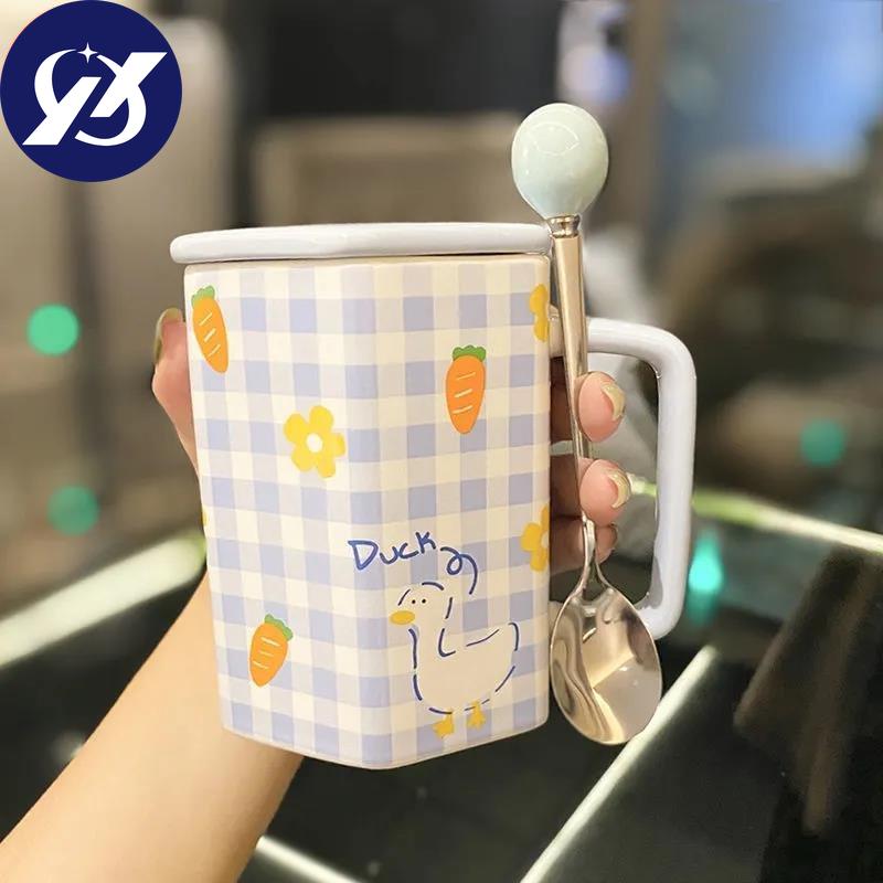 Ins Style Girl Heart Ceramic Mug with Lid Spoon Cute Straw Water Cup Coffee Cup Breakfast Milk Oatmeal Cup