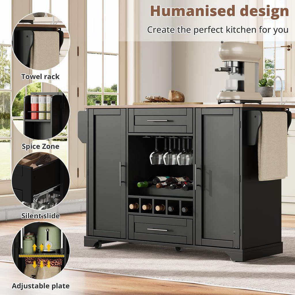 Carrello da Cucina con Piano di Lavoro Pieghevole, Isola da Cucina su Ruote con Portabottiglie, Portabicchieri, Porta Spezie e Portasciugamani, 120x45/70x92cm, Nero