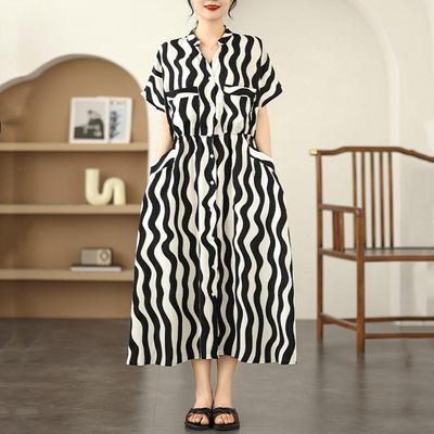 Short Sleeve Plus Size Vintage Stripe New In Dresses for Women Casual Loose Long Summer Shirt Dress