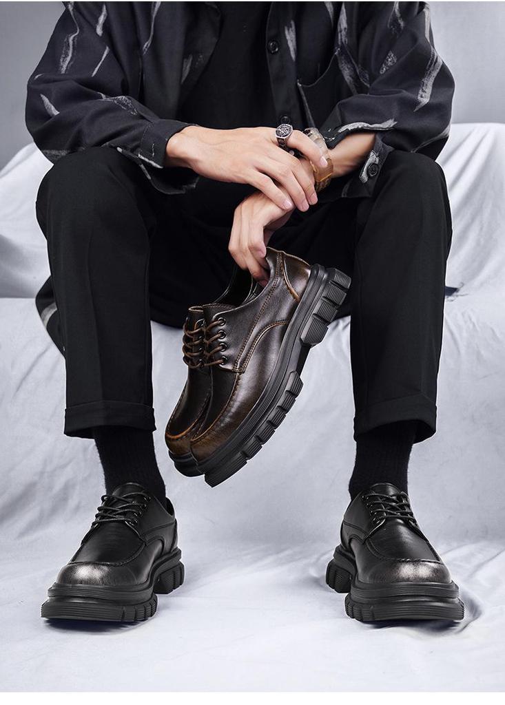 Men's Spring Casual Leather Derby Shoes with Thick, Lightweight Sole for Height Increase