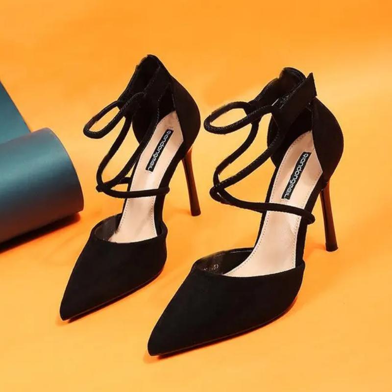 Nieuwe kruisband Romeinse sandalen Suède hoge hakken Damesschoenen Eenlijns gesp Fijne hak Puntige sandalen Zapatos De Mujer
