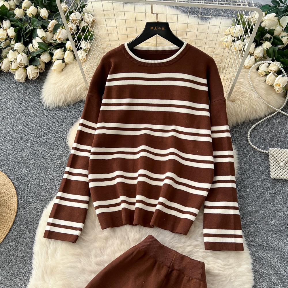 Autumn Winter Women Casual Striped Knitted Sweater Trouser Two Piece Set Full Sleeve Pullover Tops and Wide Leg Pant Tracksuit