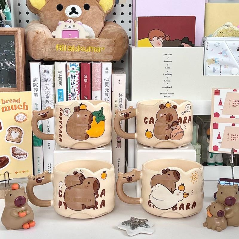 Capibara Stacked Cup Cute Cartoon Ceramic Mug with Handle Female Couple Coffee Cup Birthday Gift