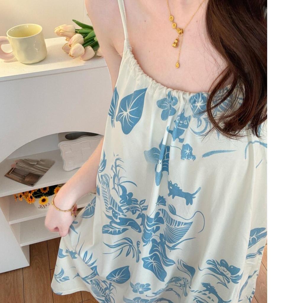 Women's Breathable Stretchy Cotton Sleep Dress - Summer Camisole Pajamas, Round Neck Casual Homewear