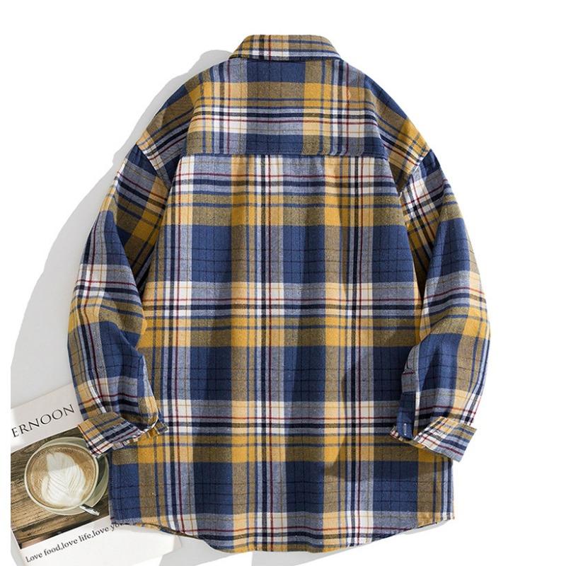 Men Casual Loose Long Sleeve Plaid Hong Kong Style Shirt