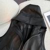 Damska lekka jesienna kamizelka PU z kapturem, o luźnym kroju, wyszczuplająca, krótka kurtka casualowa