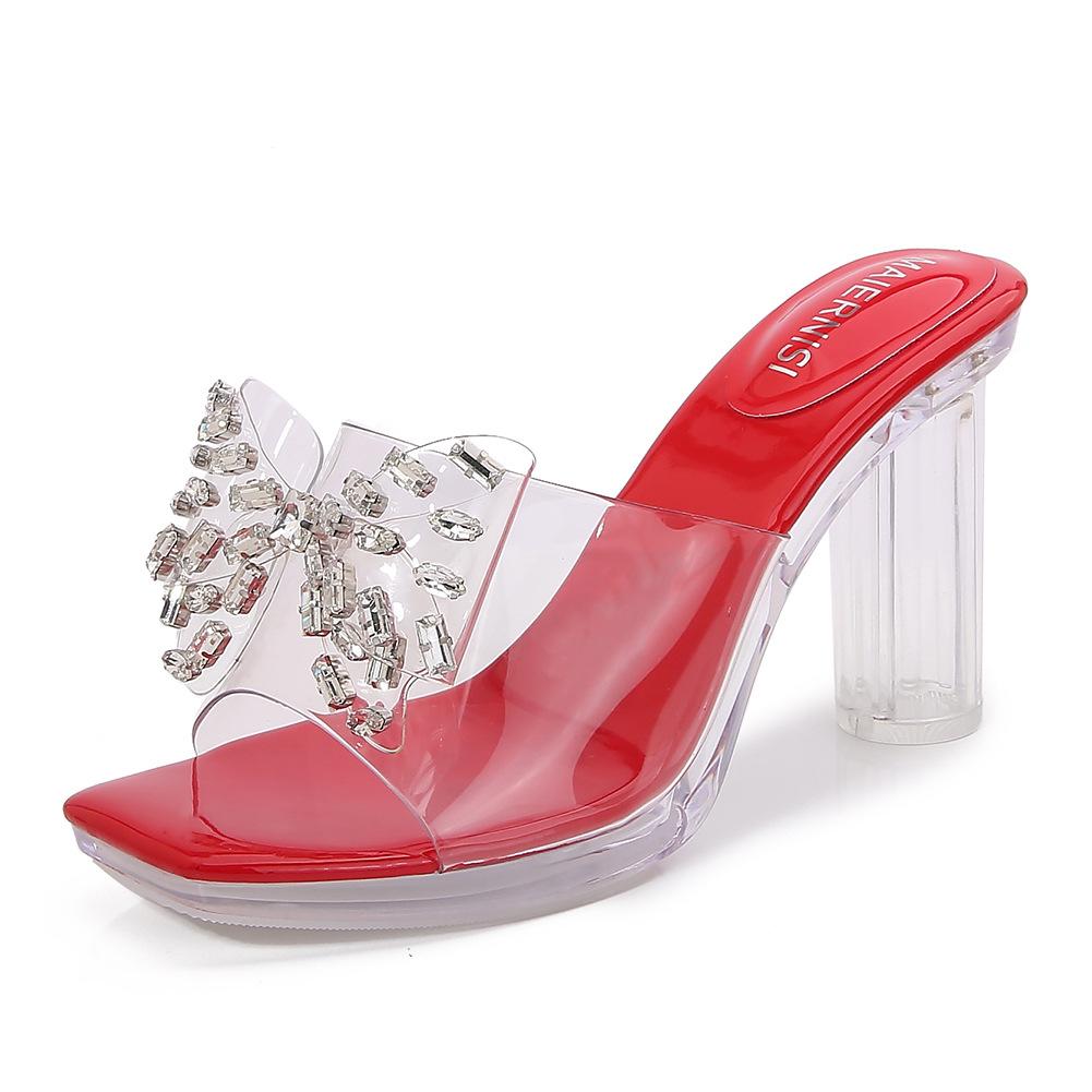 

Прозрачные сандалии женские летние новые толстый каблук хрустальные высокие каблуки большой размер женская обувь 35 красный