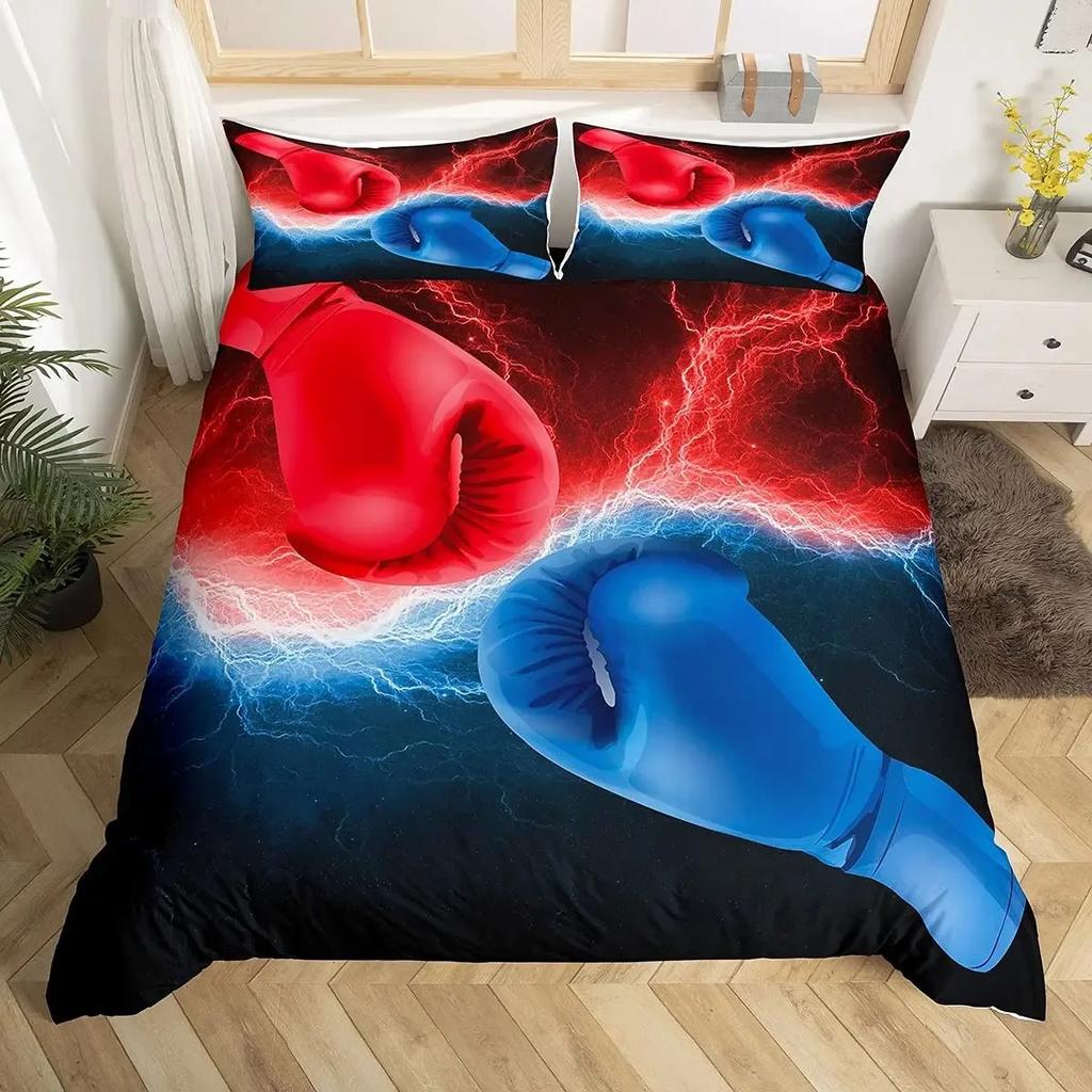 Adult Boxing Duvet Cover Set Queen,Sports Games Theme Bedding Sets Boxing Gloves Quilt Cover,Athlete Silhouette Comforter Cover
