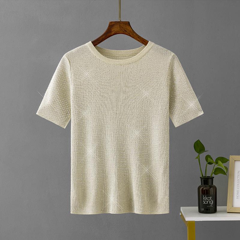 Summer Womens Fashion Basic Knitted T-shirts Female Solid Diamond Round Neck Bottoming Short Sleeve Loose Pullover Tops Solid T-shirts