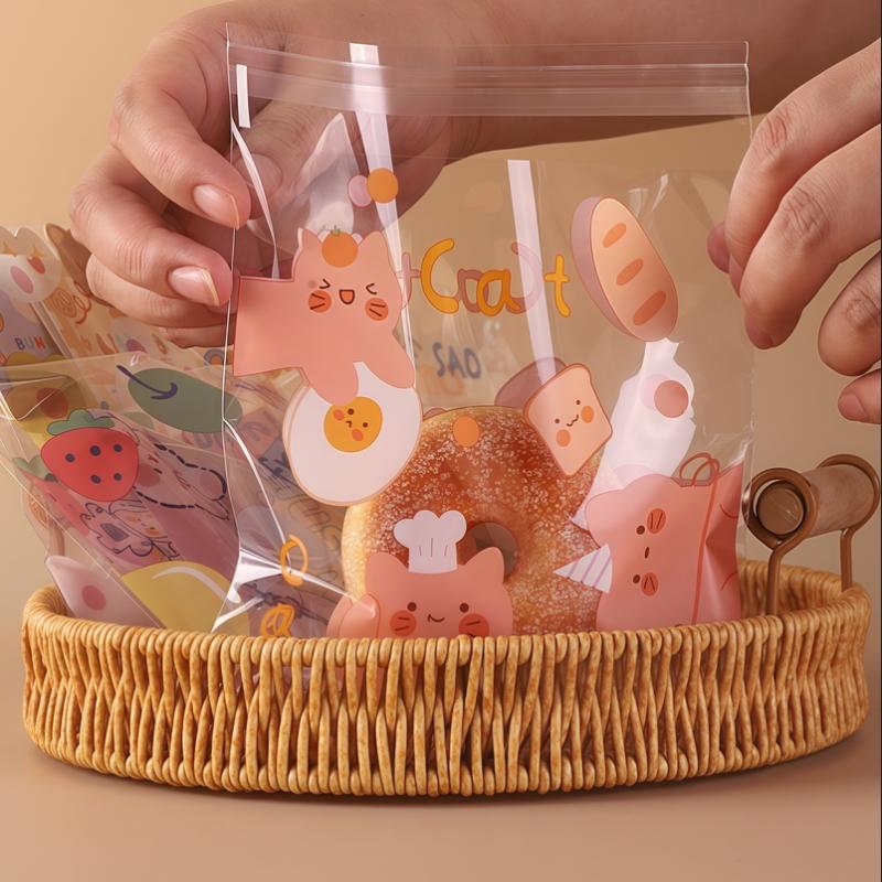 50/100 Pcs Cartoon Pattern Plastic Self-Adhesive Candy Bags Cookie Donut Bread Pastry Bag Food Packaging Resealable Gift Bag