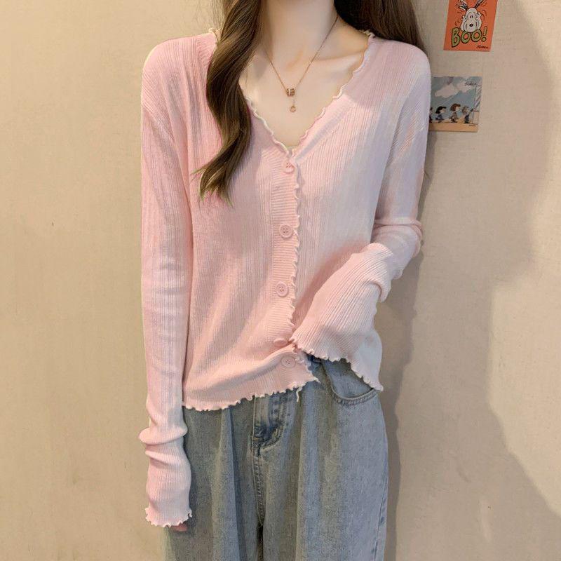 2024 Spring/Summer Slimming Ruffle V-Neck Knit Cardigan - Women's Long Sleeve Base Layer Top