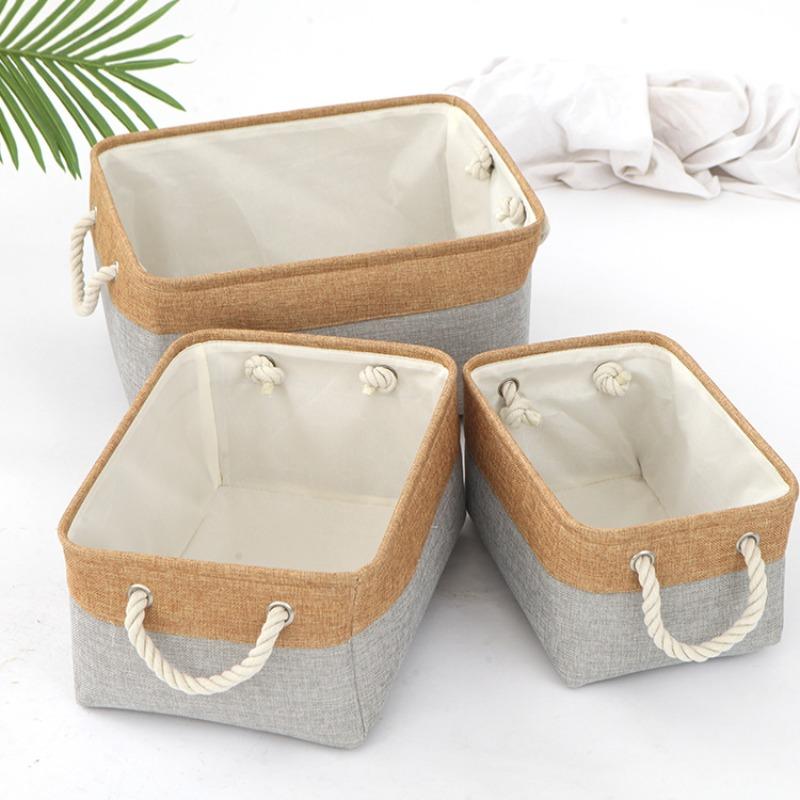 Solid Color Linen Basket Two-Tone Storage Organizer for Laundry Cosmetic