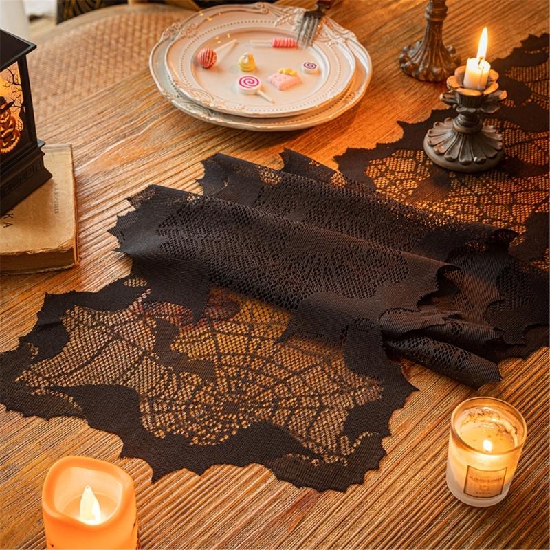 Spooky Bat Cobweb Black Table Runner for  Party Decoration, Polyester Fabric Cobweb Table Runner Cover