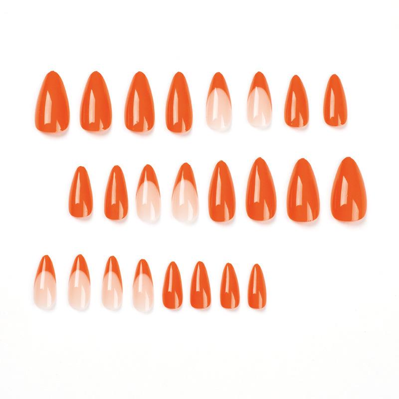 French Orange Almond-Edge Press-On Nails: Fake Solid Color Set of 24 Manicured Nails.