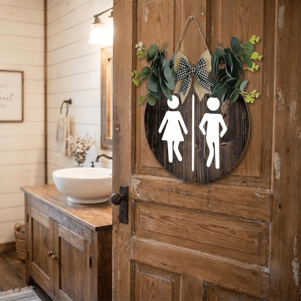 Wooden Wall Art Sign Wreath Circle Decorative Plaque Cute Bathroom Sign Plate Toilet