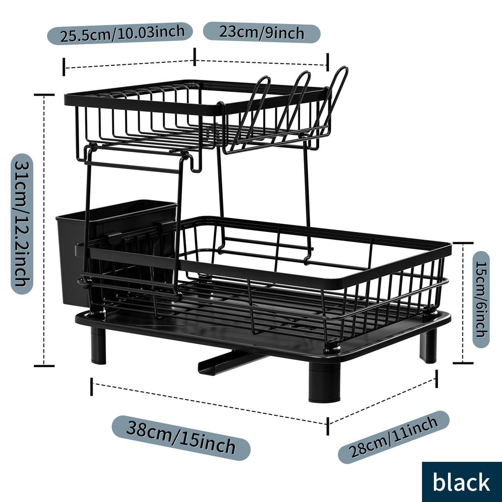 1PC Dish Drying Rack 2 Tier Large Dish Drainer Rack for Kitchen Counter, Rustproof Space Saving, Black