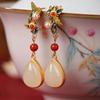 Retro Enamel Gold-plated Inlaid Imitation Hetian White Jade South Red Earrings Temperament Versatile Court Cloisonne Earrings Women