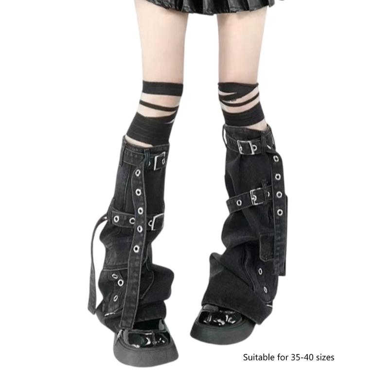 Womens Harajuku Punk Denims Flared Leg Warmer Metal Buckled Straps Pocketed Cargo Boot Cover Long Stockings Streetwear