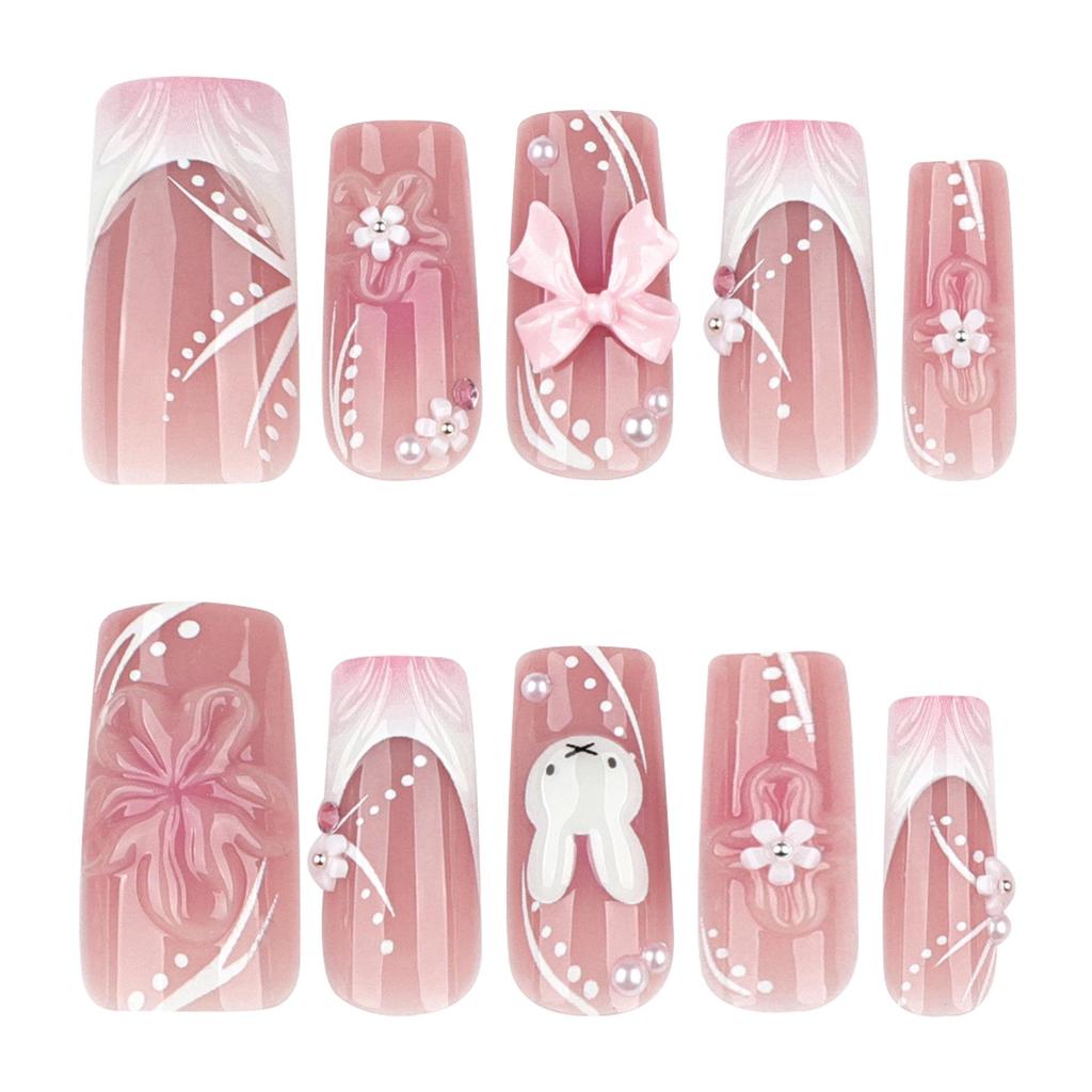 3D Blumige tragbare Nägel - Süße Kaninchen-Schleife Fake-Nagelkunst.