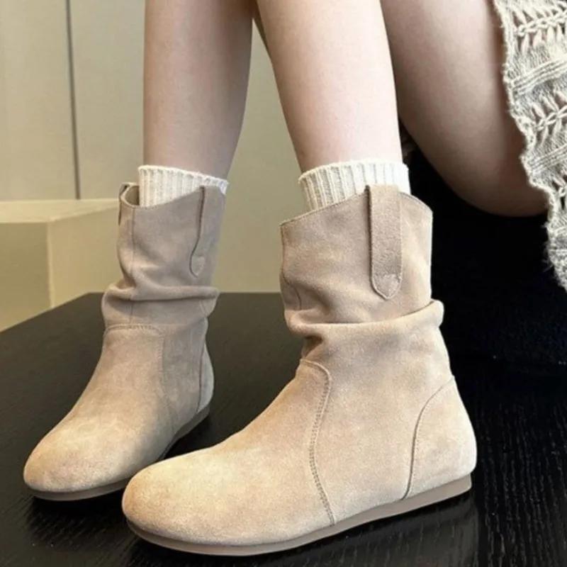 Suede Casual Boots For Women  Fashion Ankle Boots New Short Slip On Flat Shoes Retro Versatile Soft Bottom Lady Boot