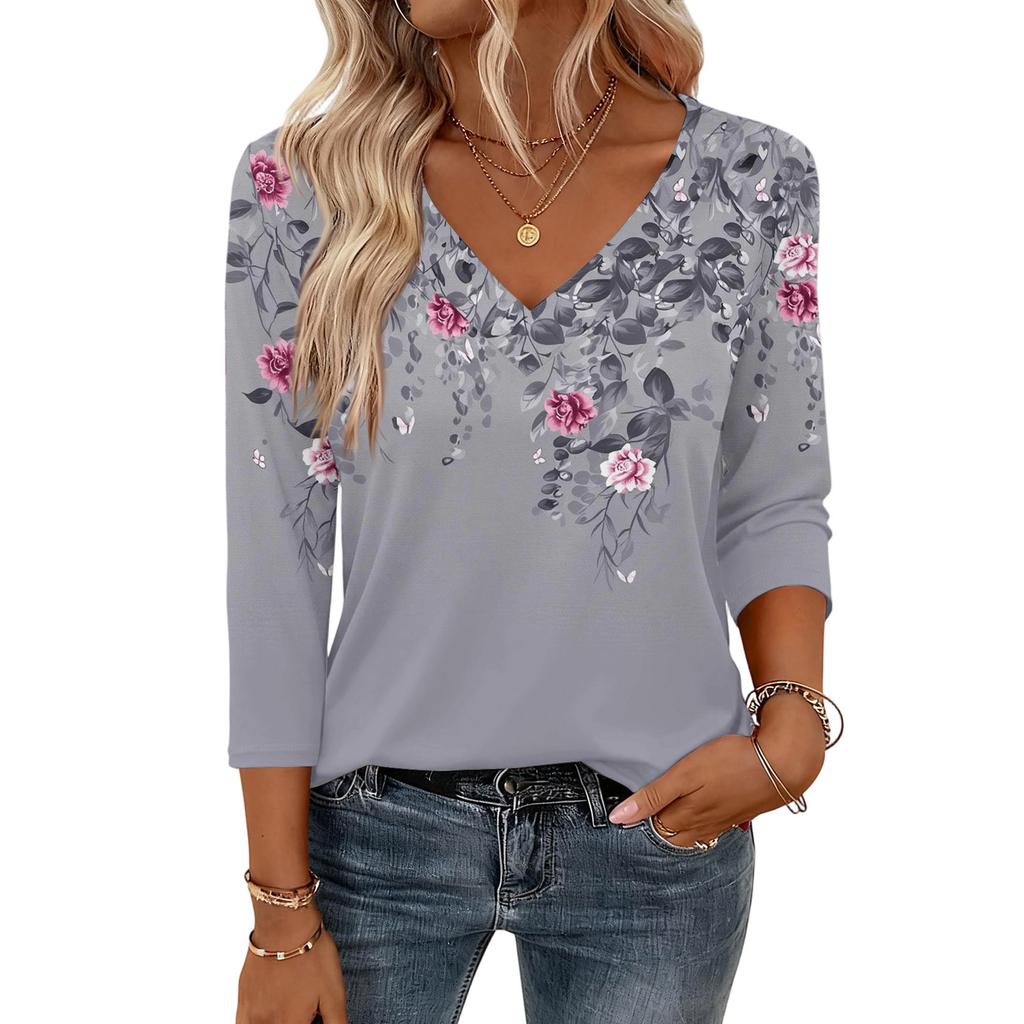 3/4 Length Sleeve Womens Tops V Neck Shirt  Casual Blouse Basic Tshirts