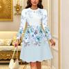 Women Long Sleeve Round Neck Midi Dress Vintage Ink Wash Plum Blossom Branch Print Flared Casual Dress
