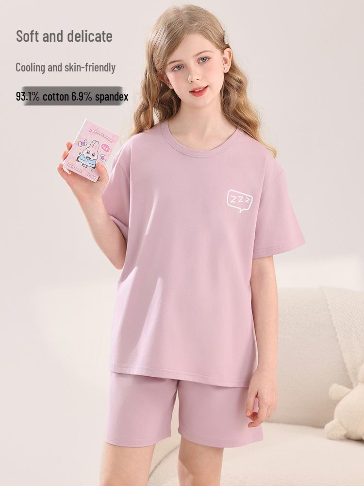 2026 Girls' Lycra Cotton Pajamas: Breathable, Cool Homewear Set for Kids